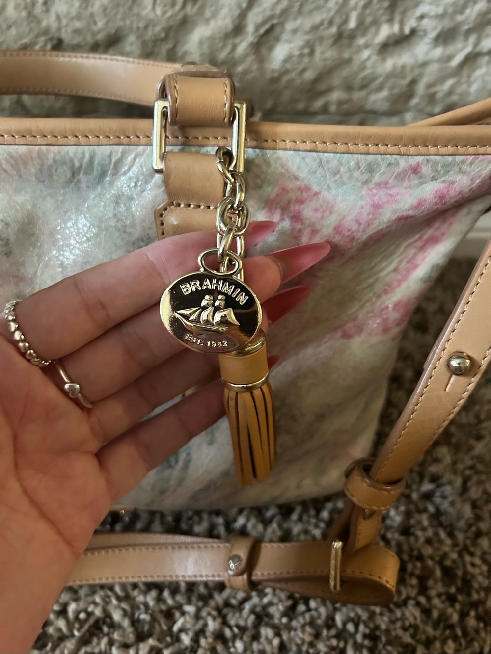 Brahmin Floral Print Crème Talitha Mini Asher Tote Bag with Tan Leather Trim - Picture 3 of 8